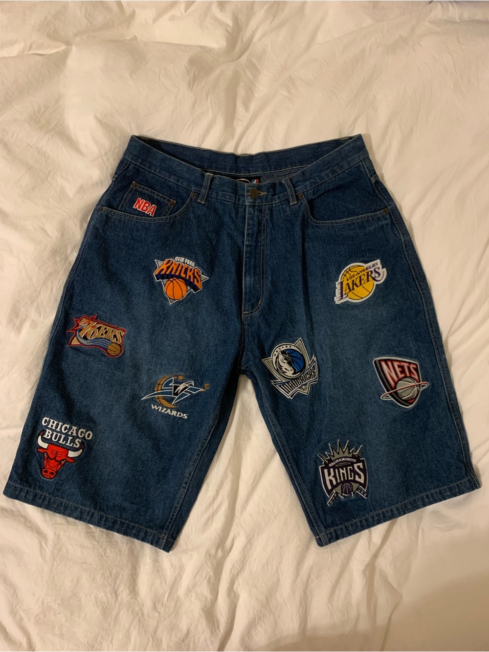 Men's Dark Blue Denim Patchwork Vintage NBA Basketball Team Shorts